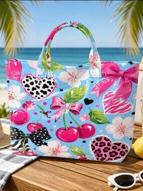 Blue Cherry Leopard PVC Hand Tote Daily Commute Bag